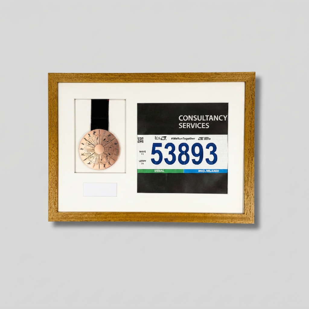 a framed picture with a medal and a race number.