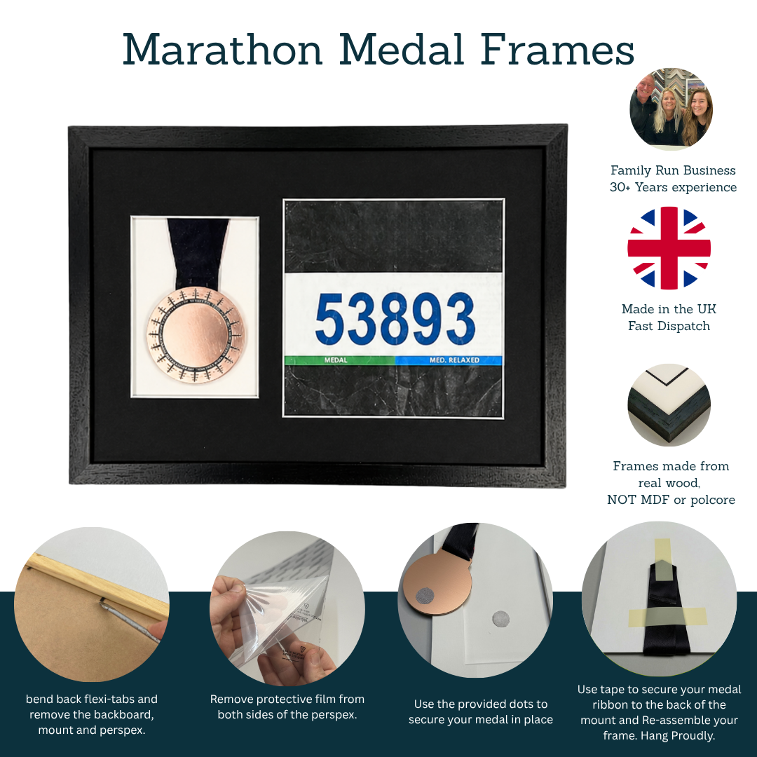 The image is an advertisement for "Marathon Medal Frames". It features a black frame with a medal and a race number, as well as a series of images demonstrating how to mount and use the frames. The text provides information about the frames, such as their durability, UK origin, and the fact that they are made from real wood. The image also includes a list of instructions for mounting and using the frames, as well as a description of the frame's features.