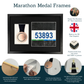 The image is an advertisement for "Marathon Medal Frames". It features a black frame with a medal and a race number, as well as a series of images demonstrating how to mount and use the frames. The text provides information about the frames, such as their durability, UK origin, and the fact that they are made from real wood. The image also includes a list of instructions for mounting and using the frames, as well as a description of the frame's features.