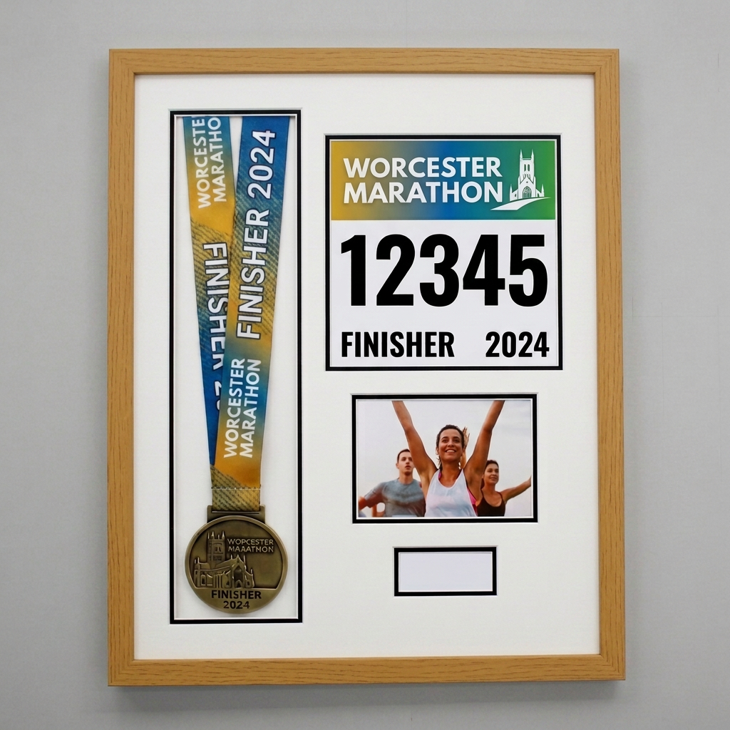The image is a framed collage that includes a medal, a photo, and text related to the Worcestershire Marathon.