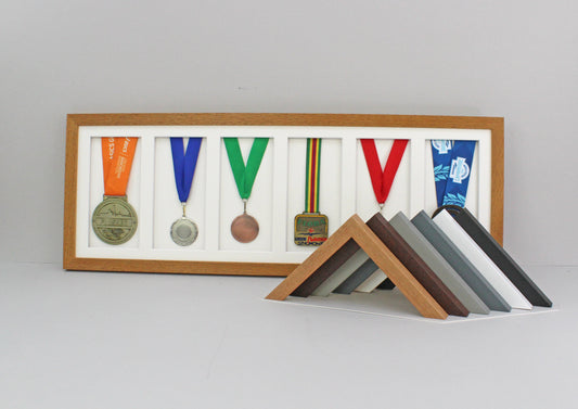 Medal Display frame for Six Medals. 25x75cm. - PhotoFramesandMore - Wooden Picture Frames