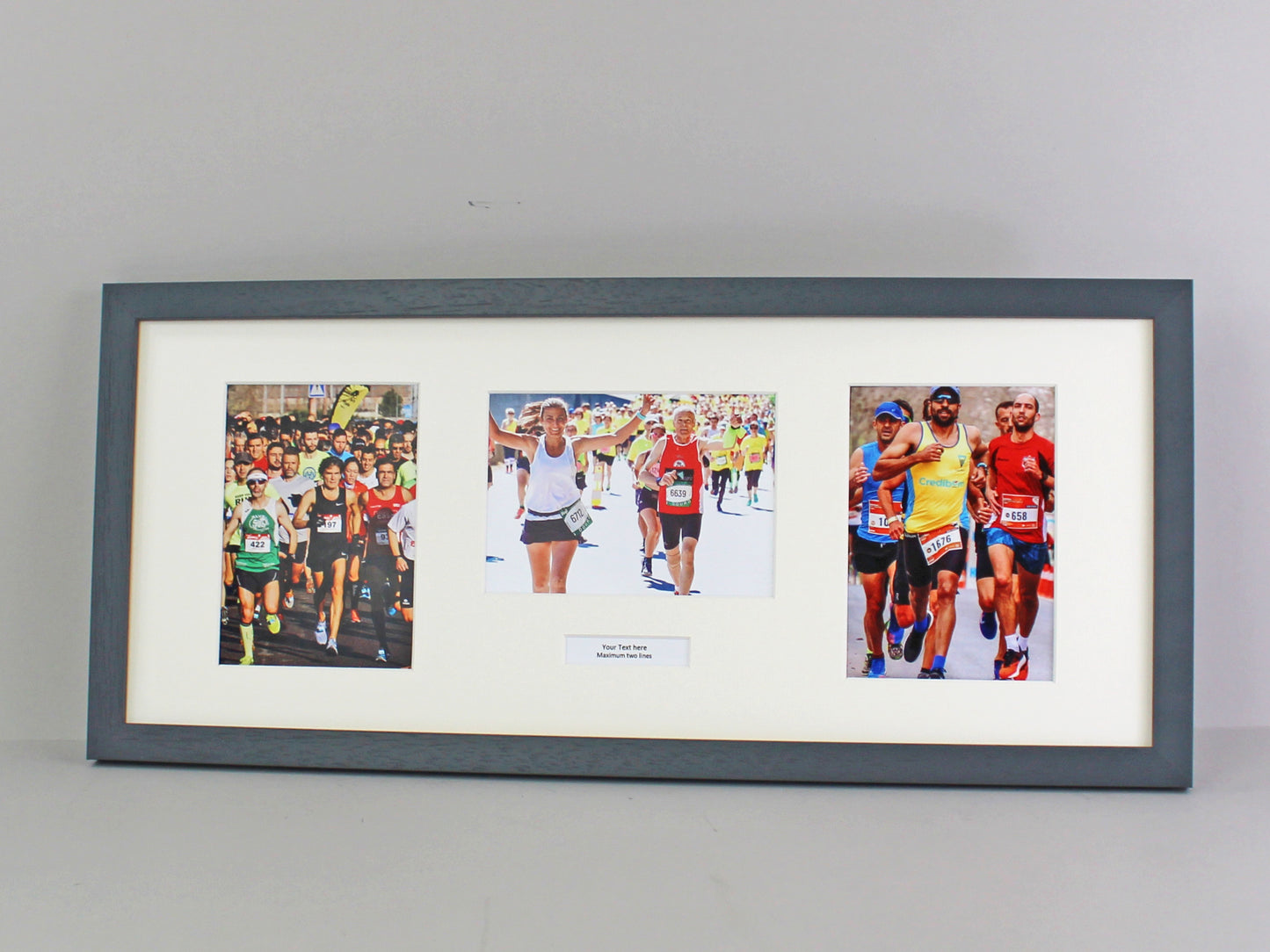Personalised Multi Aperture frame for Three 5x7" Photos. Mixed Layout. 25x60cm.