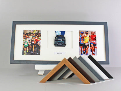 Personalised Medal Display frame for One Medal and Two 5x7" Photos. Mixed Layout. 25x60cm.