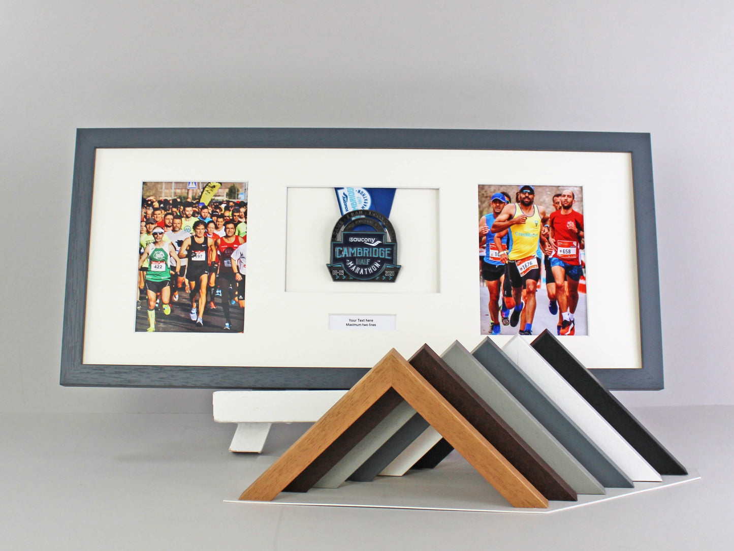 Personalised Medal Display frame for One Medal and Two 5x7" Photos. Mixed Layout. 25x60cm. - PhotoFramesandMore - Wooden Picture Frames