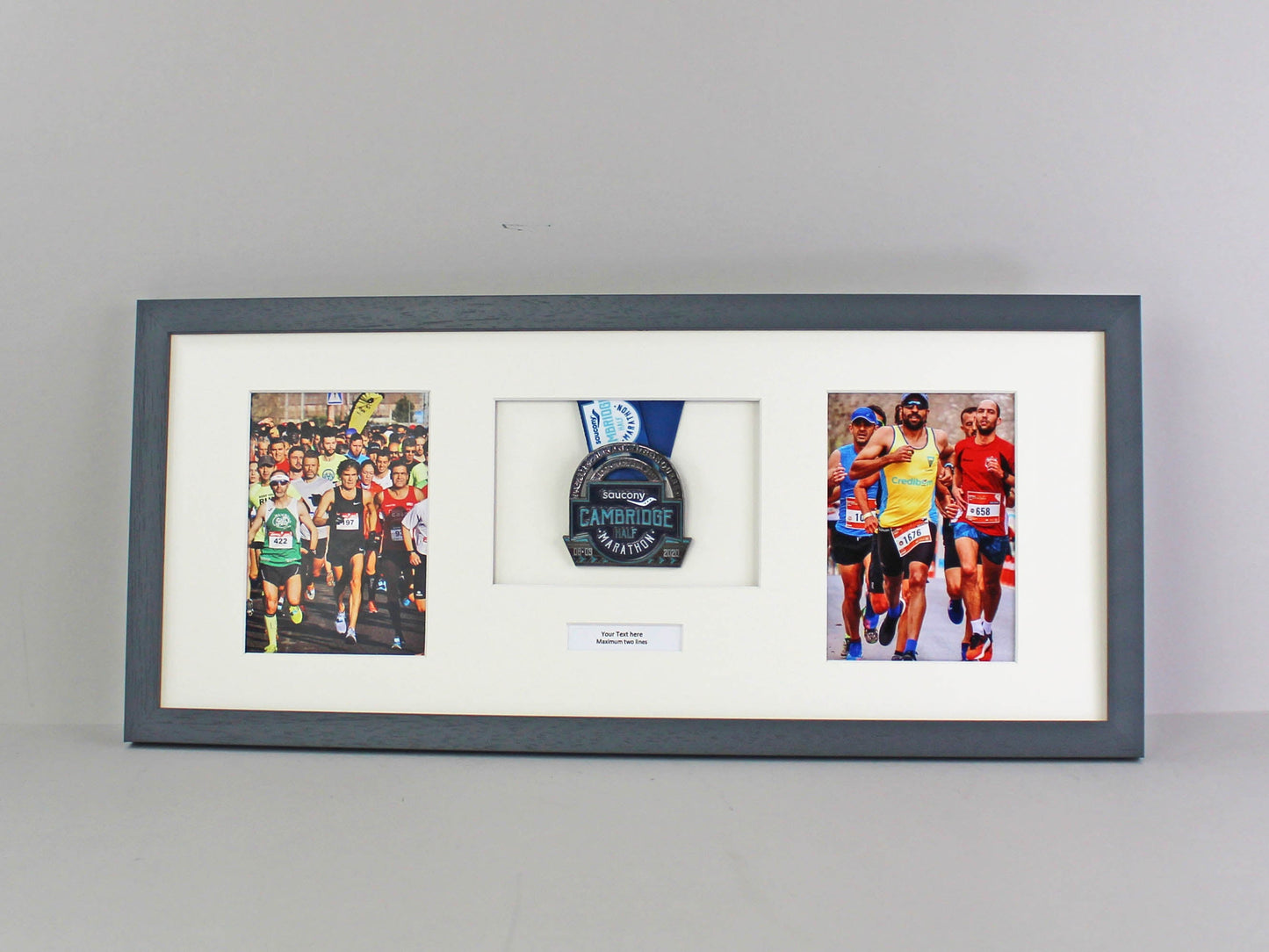 Personalised Medal Display frame for One Medal and Two 5x7" Photos. Mixed Layout. 25x60cm. - PhotoFramesandMore - Wooden Picture Frames