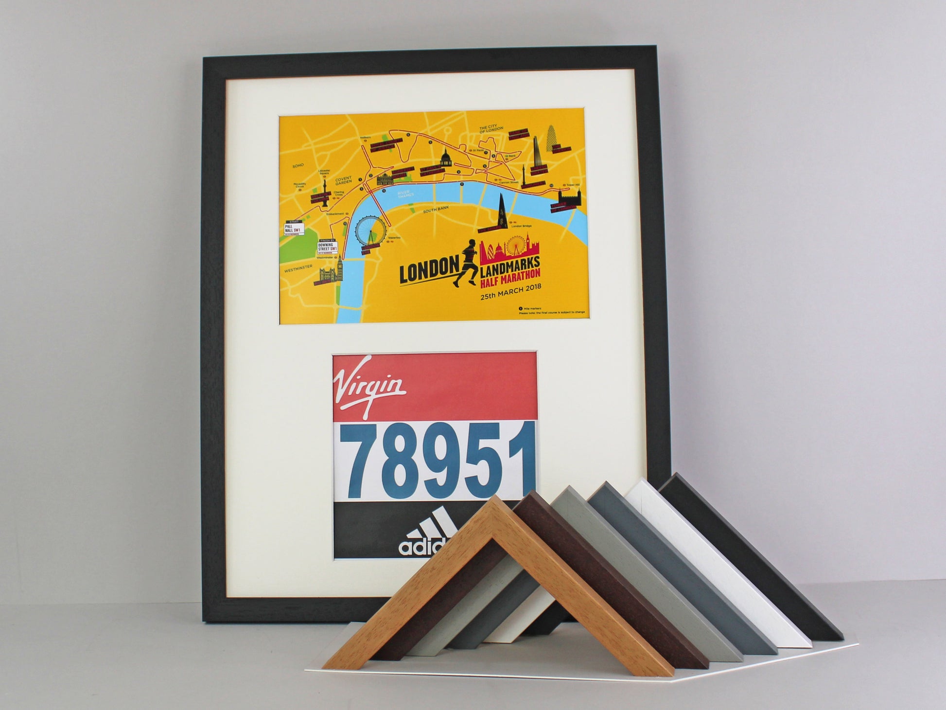 Frame to suit a Running / Cycling Bib and an A4 Certificate / Course Map. Landscape or Portrait - PhotoFramesandMore - Wooden Picture Frames