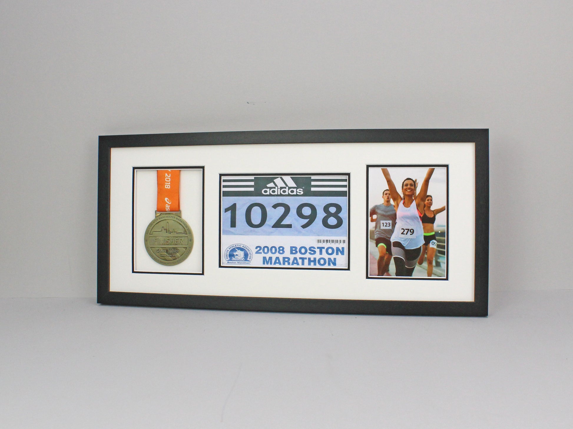 Medal display Frame with Apertures for Medal, Bib number (21x15cm) and Photo. 25x60cm Frame - PhotoFramesandMore - Wooden Picture Frames