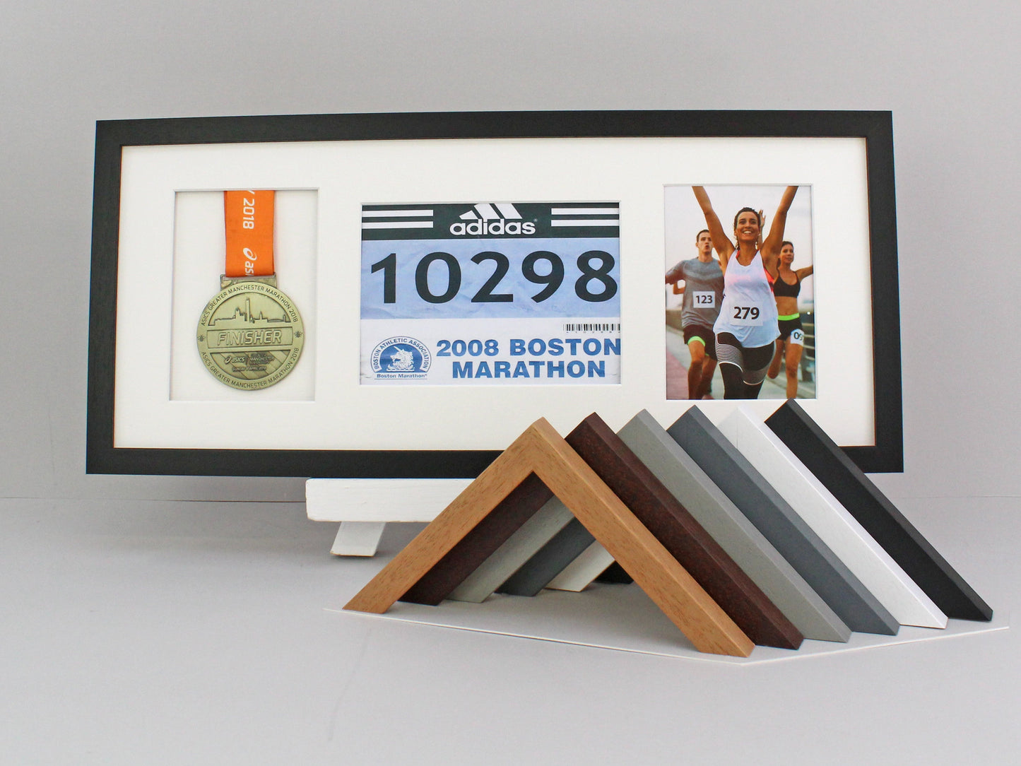 Medal display Frame with Apertures for Medal, Bib number (21x15cm) and Photo. 25x60cm Frame - PhotoFramesandMore - Wooden Picture Frames