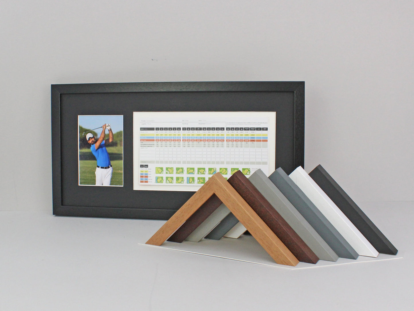 Golf Score Card Display Frame, With 6x4" Photo. 25x50cm Frame | Score Card sizes can vary - Check your size before purchase. - PhotoFramesandMore - Wooden Picture Frames