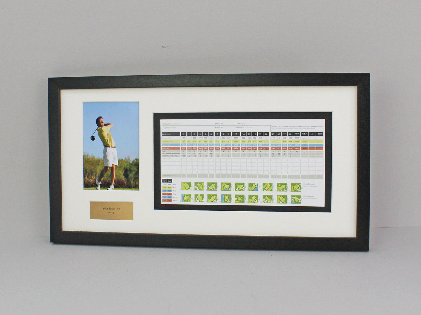 Personalised Golf Score Card Display Frame, With 6x4" Photo. 25x50cm Frame | Score Card sizes can vary - Check your size before purchase. - PhotoFramesandMore - Wooden Picture Frames