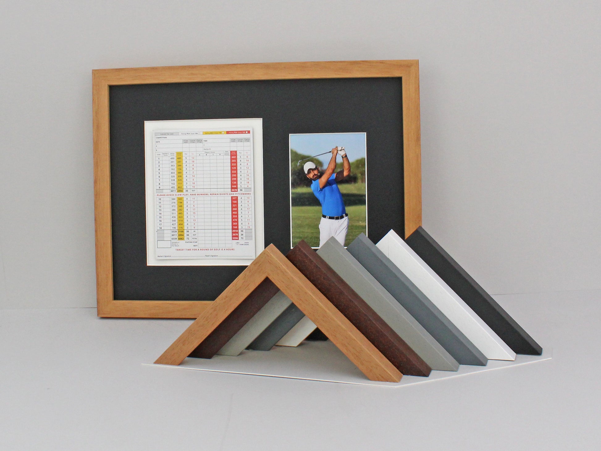 Golf Score Card Display Frame, With 6x4" Photo. 30x40cm Frame | Score Card sizes can vary - Check your size before purchase. - PhotoFramesandMore - Wooden Picture Frames