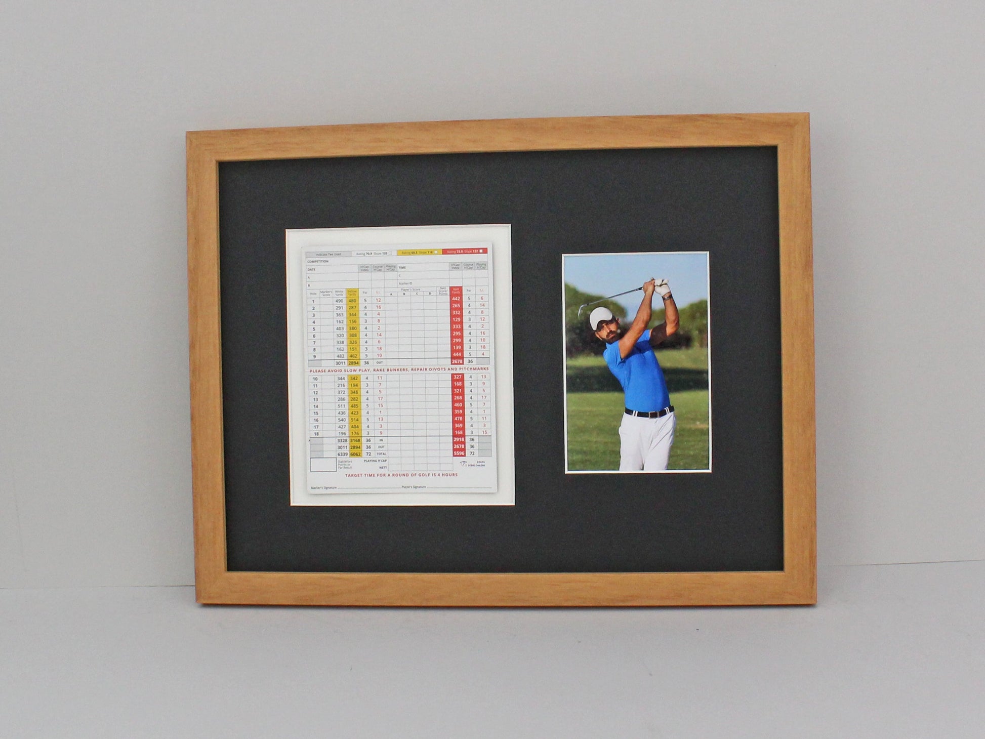 Golf Score Card Display Frame, With 6x4" Photo. 30x40cm Frame | Score Card sizes can vary - Check your size before purchase. - PhotoFramesandMore - Wooden Picture Frames