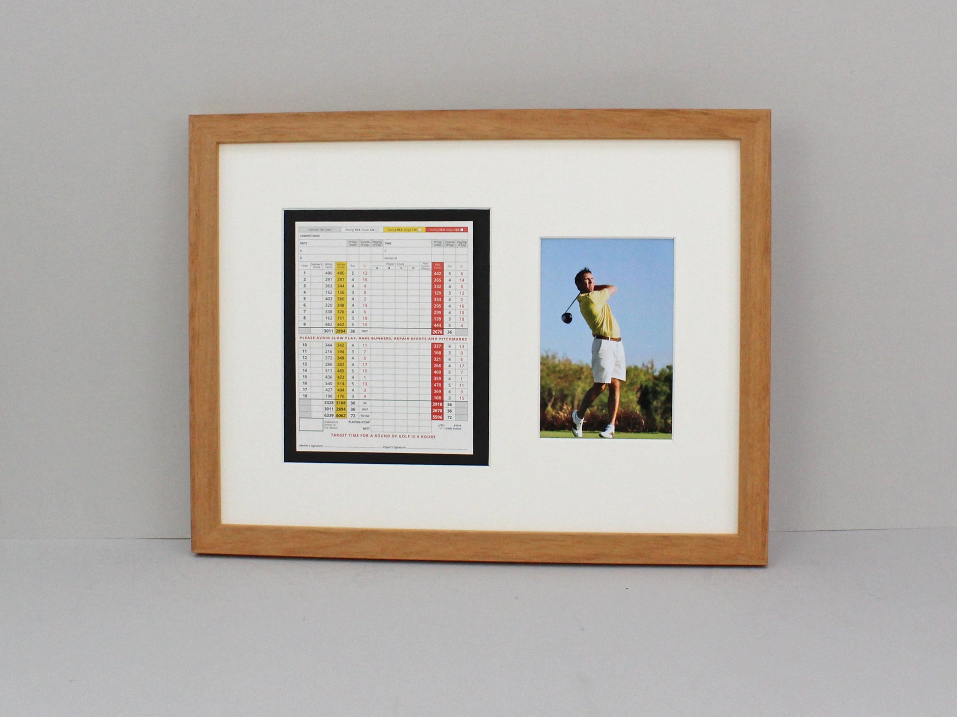 Golf Score Card Display Frame, With 6x4" Photo. 30x40cm Frame | Score Card sizes can vary - Check your size before purchase. - PhotoFramesandMore - Wooden Picture Frames