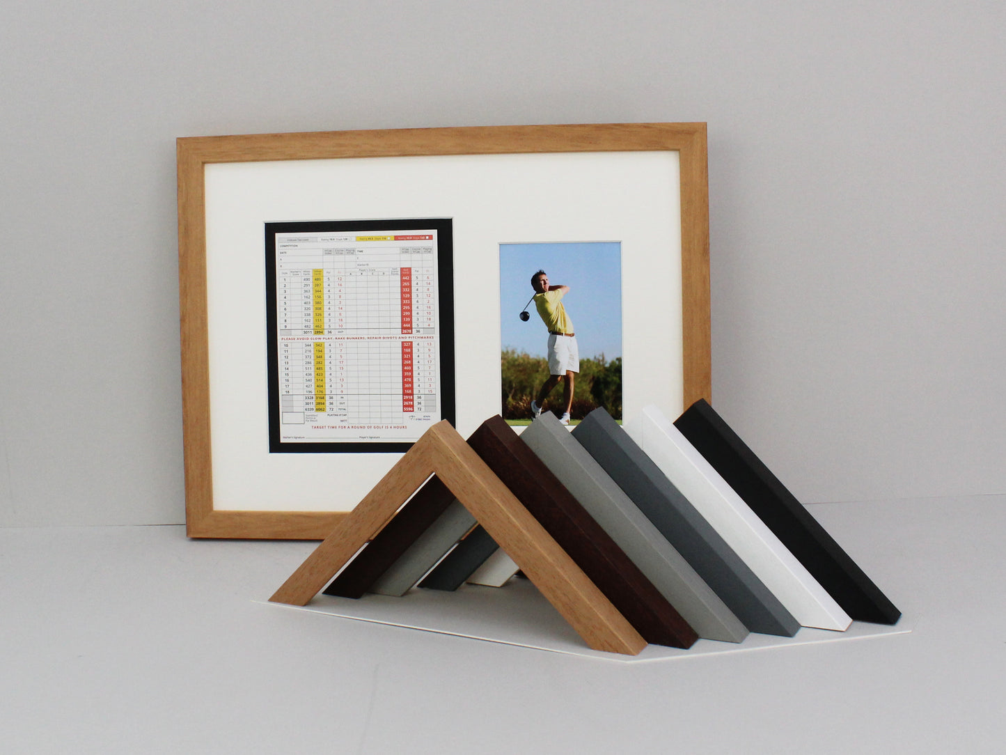 Golf Score Card Display Frame, With 6x4" Photo. 30x40cm Frame | Score Card sizes can vary - Check your size before purchase. - PhotoFramesandMore - Wooden Picture Frames