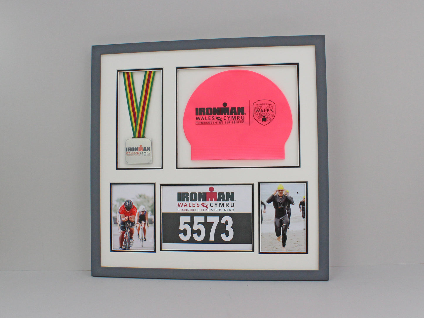 Medal display Frame with Apertures for Swim Cap, Running Bib, Medal and two Photos. 50x50cm. Swimmers | Triathletes | Athletes