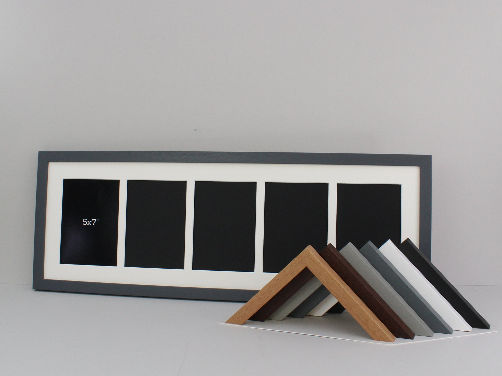 Suits Five 5x7" Photos. 25x75cm. Wooden Multi Aperture Picture Frame. - PhotoFramesandMore - Wooden Picture Frames