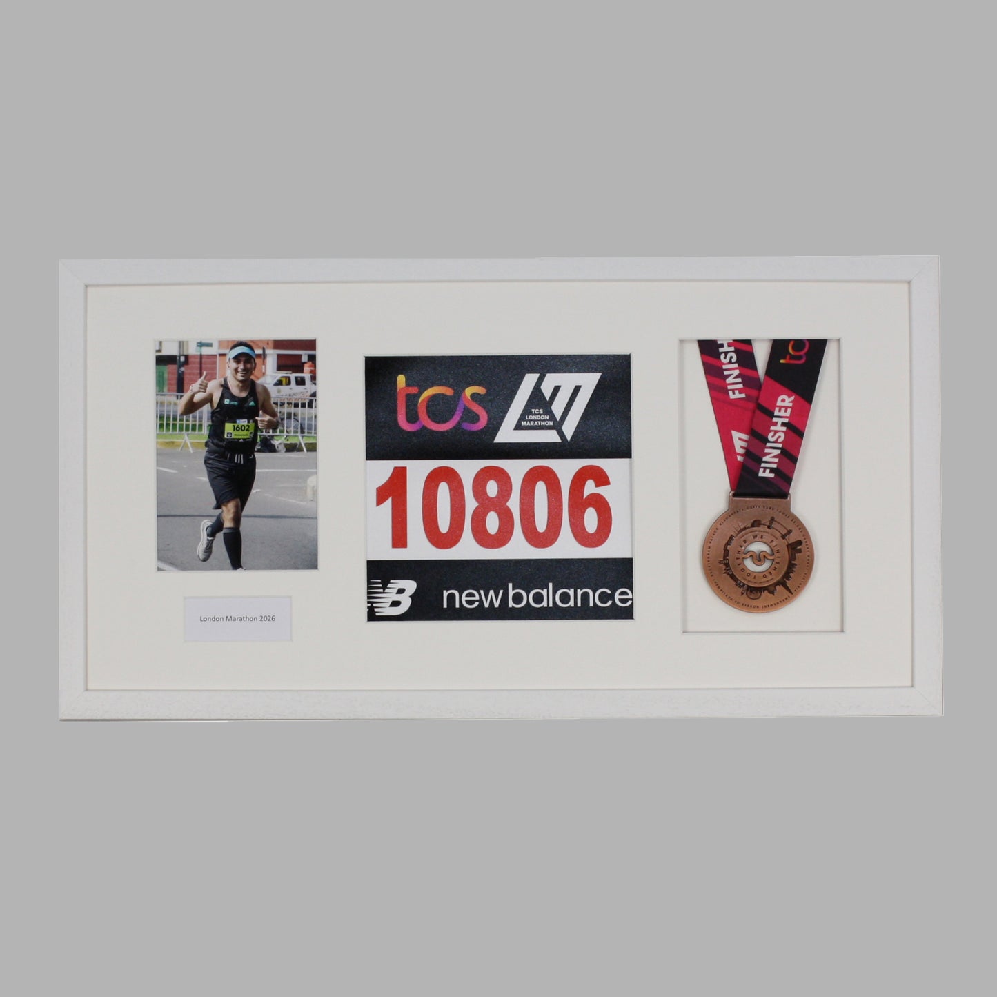 Personalised Medal display Frame with Apertures for Medal, Bib number and Photo.