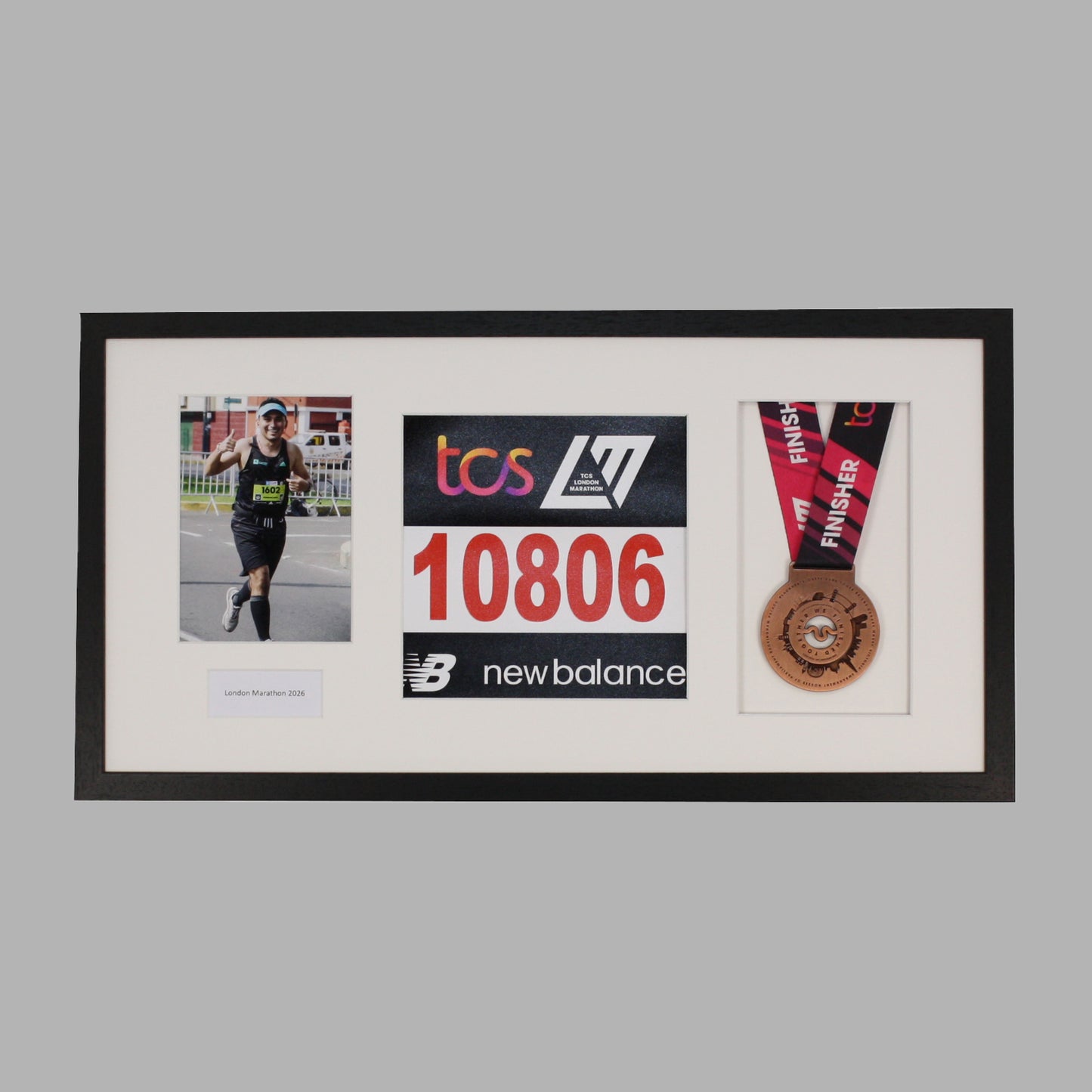 Personalised Medal display Frame with Apertures for Medal, Bib number and Photo.