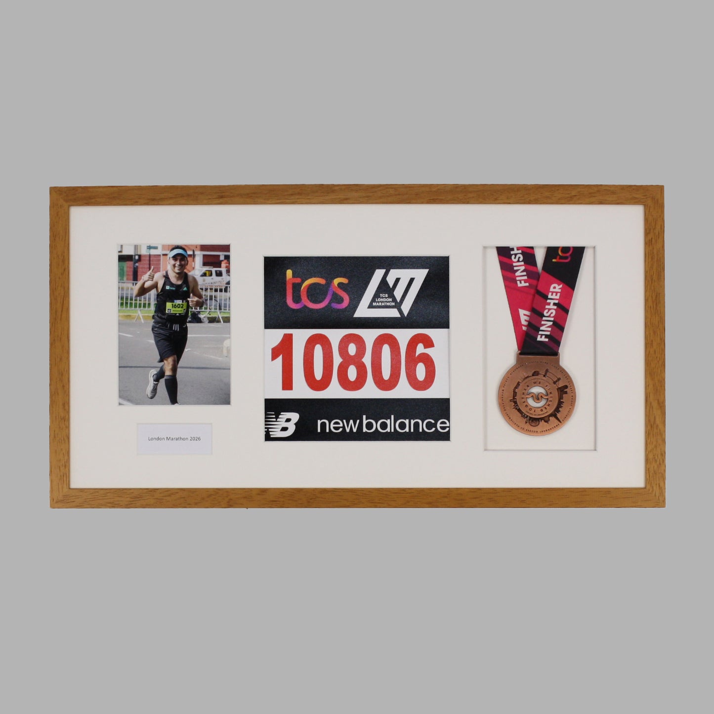 Personalised Medal display Frame with Apertures for Medal, Bib number and Photo.