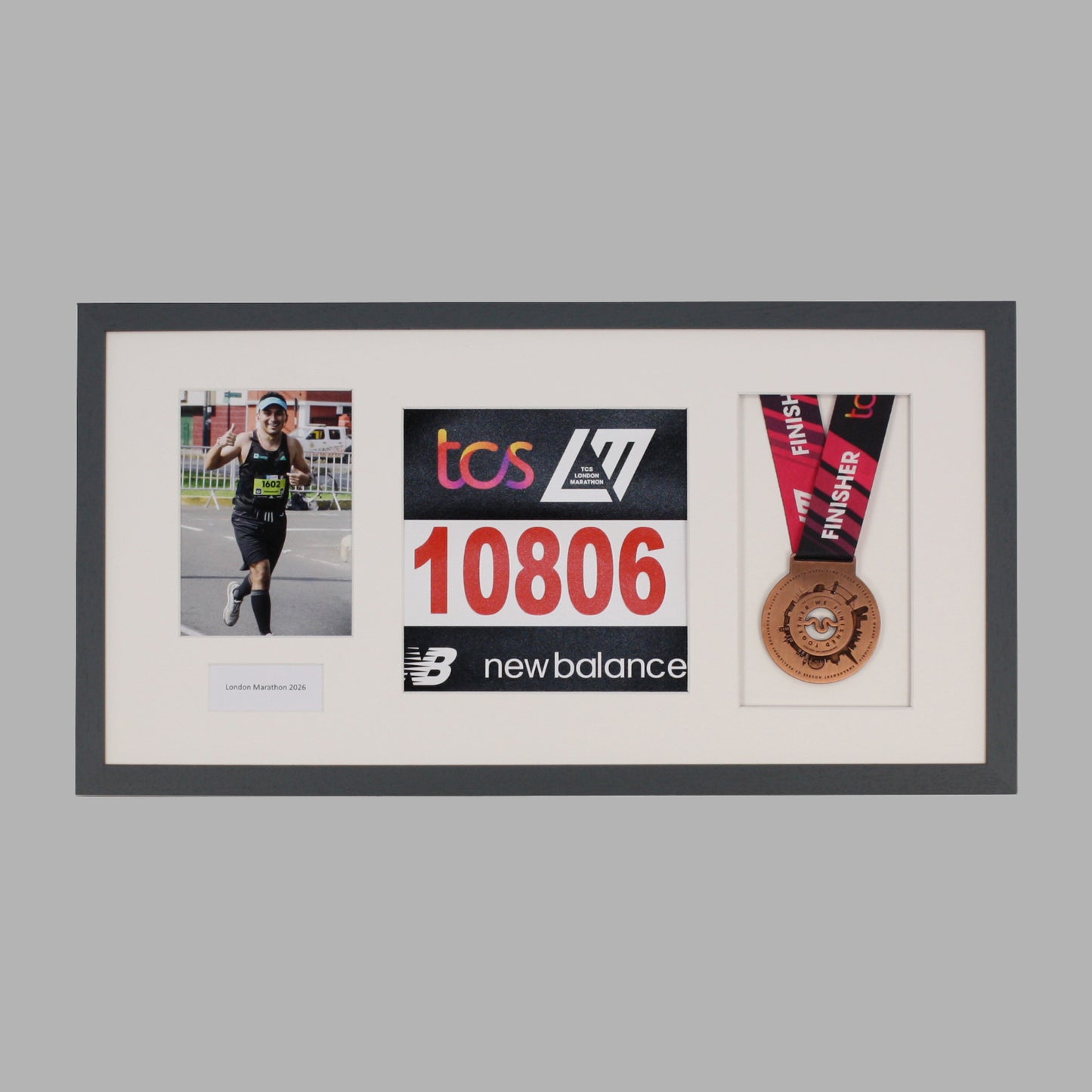 Personalised Medal display Frame with Apertures for Medal, Bib number and Photo.