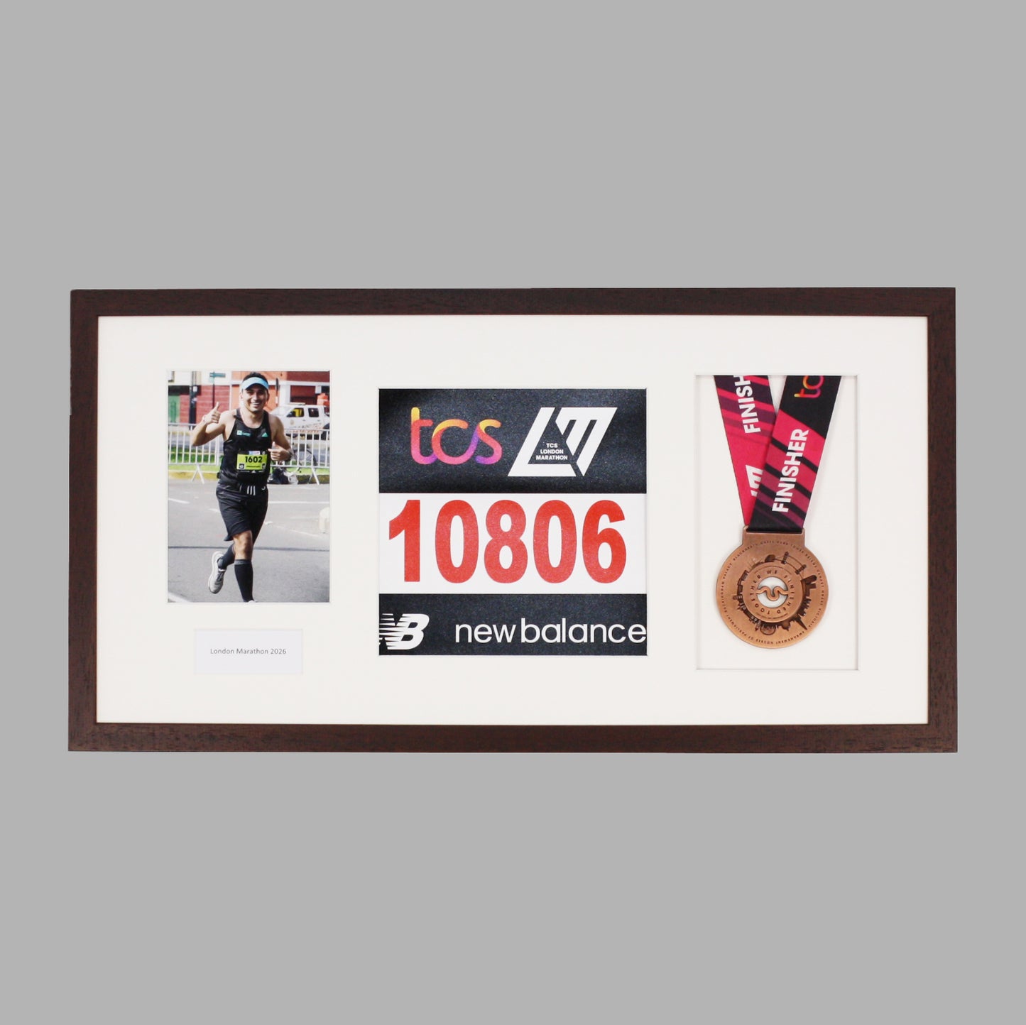 Personalised Medal display Frame with Apertures for Medal, Bib number and Photo.