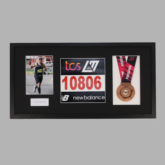 Personalised Medal display Frame with Apertures for Medal, Bib number and Photo.