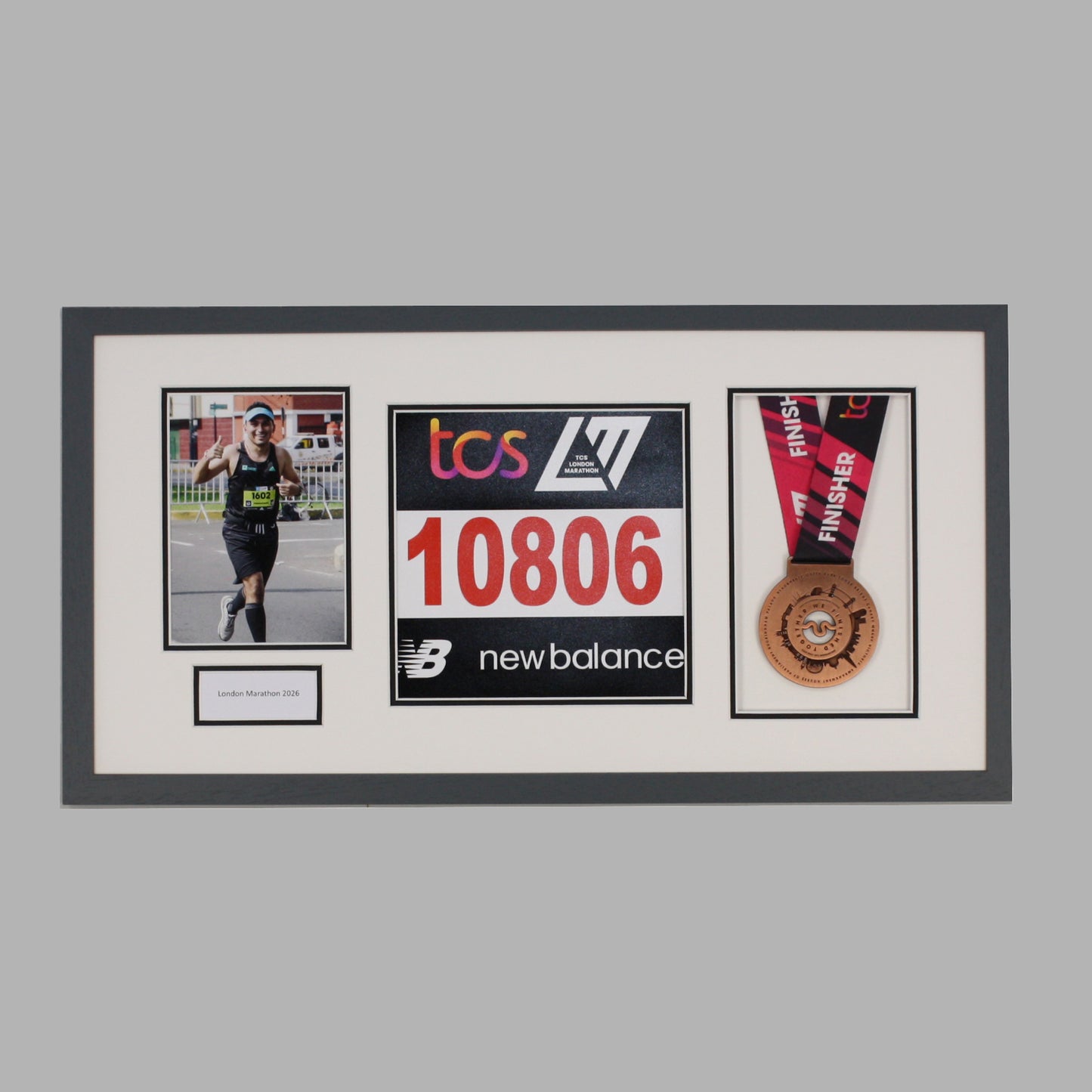 Personalised Medal display Frame with Apertures for Medal, Bib number and Photo.