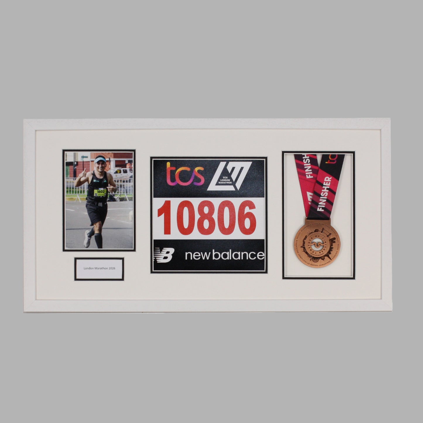 Personalised Medal display Frame with Apertures for Medal, Bib number and Photo.