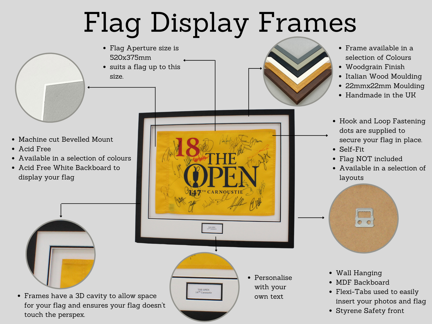 Personalised Flag Display Frame, with text box. Perfect for Golf Flags. - PhotoFramesandMore - Wooden Picture Frames