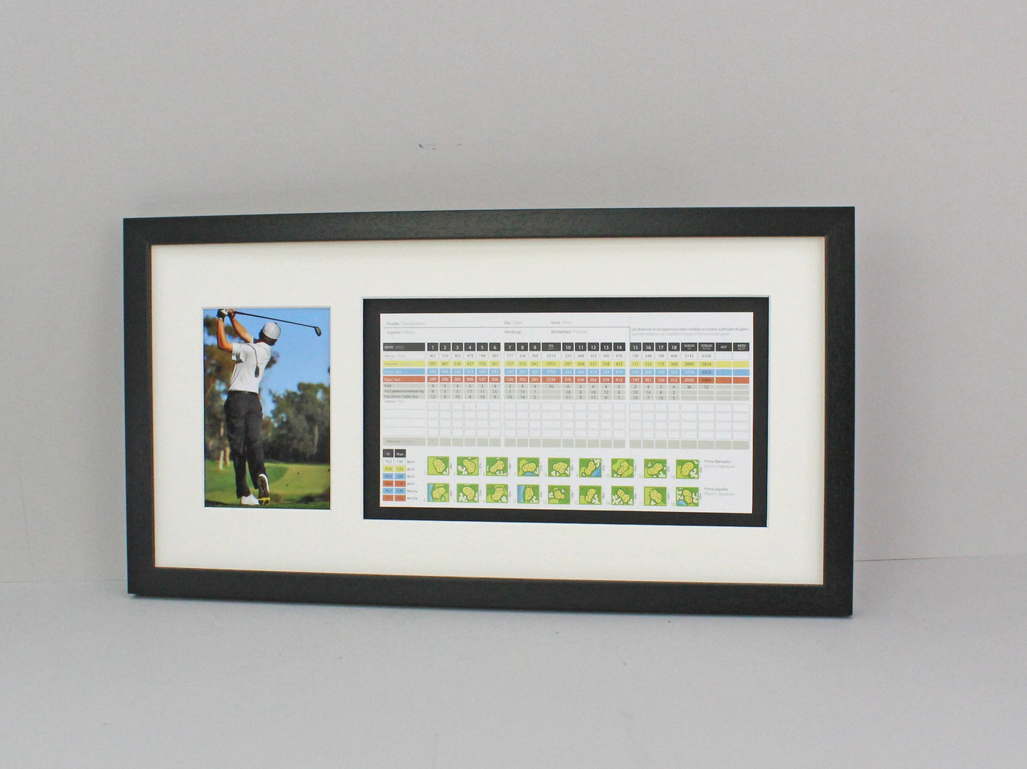 Golf Score Card Display Frame, With 6x4" Photo. 25x50cm Frame | Score Card sizes can vary - Check your size before purchase. - PhotoFramesandMore - Wooden Picture Frames