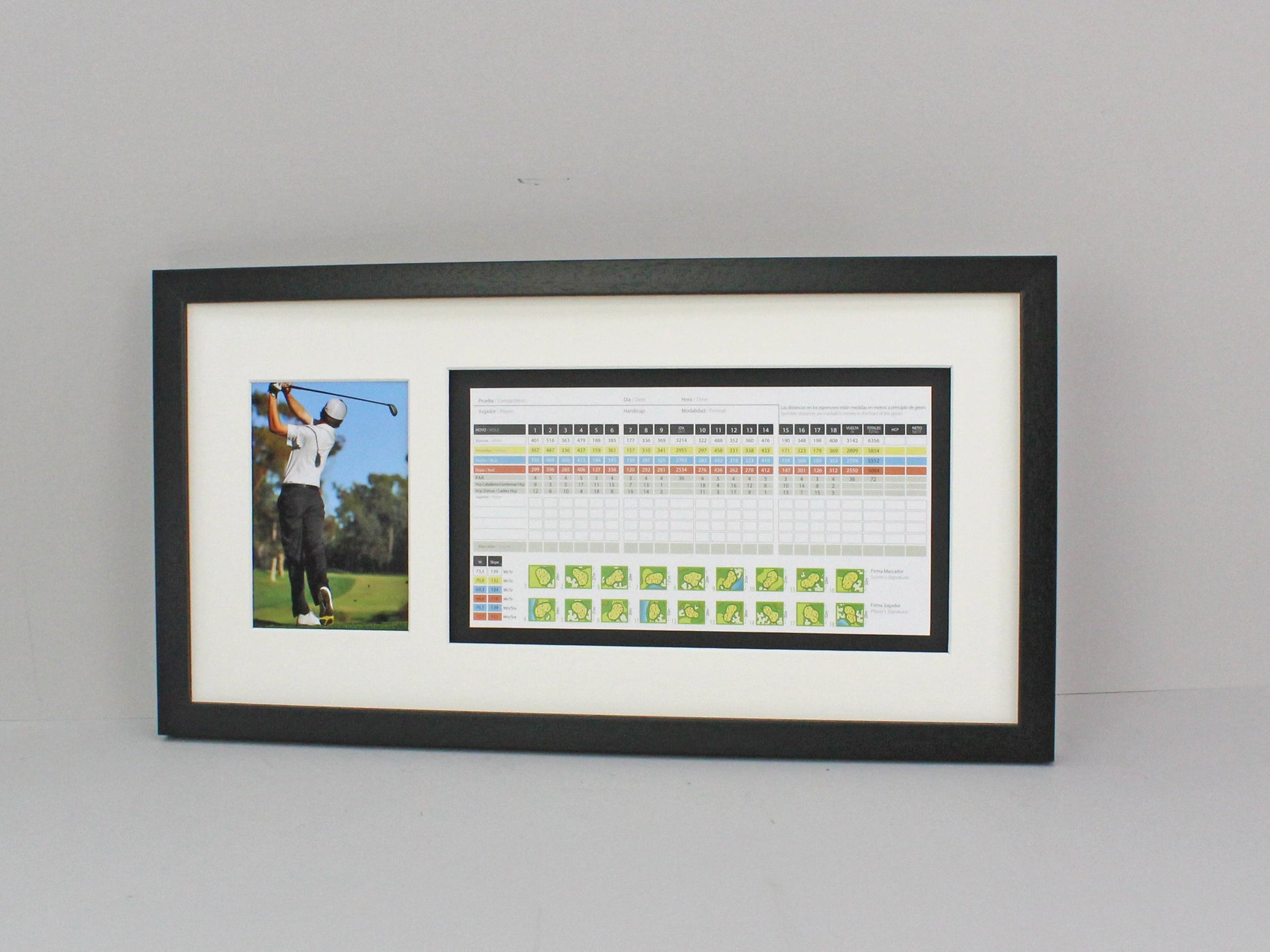 Golf Score Card Display Frame, With 6x4" Photo. 25x50cm Frame | Score Card sizes can vary - Check your size before purchase. - PhotoFramesandMore - Wooden Picture Frames