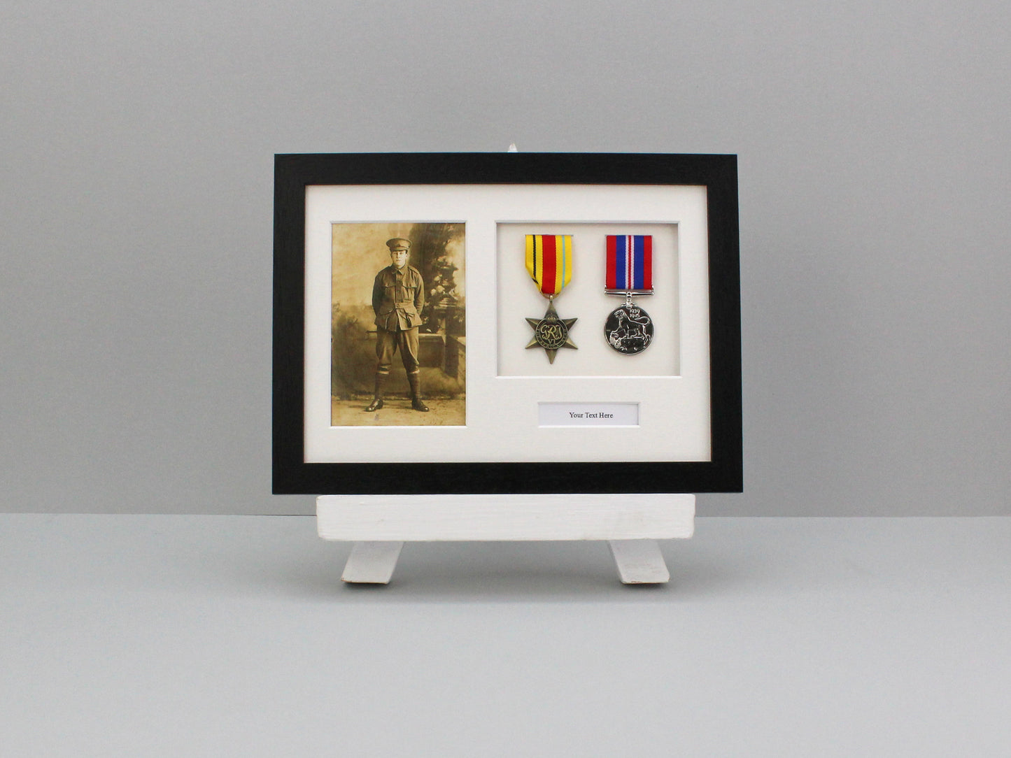 Personalised Military and Service Medal display Frame for Two Medals and a 6x4" Photograph. A4. Handmade. War Medals. WW1. WW2.