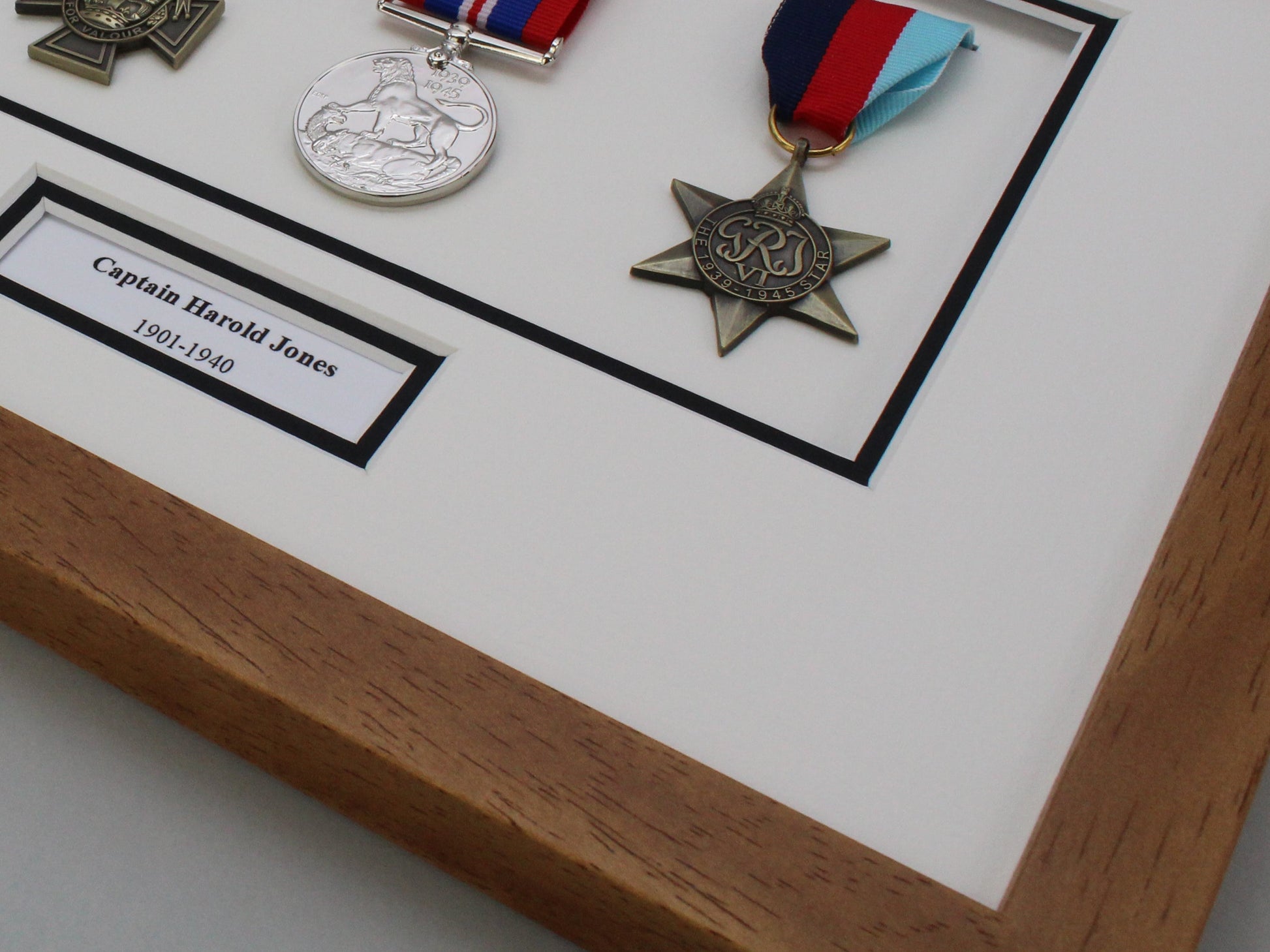 Personalised Military and Service Medal display Frame for Three Medals, a 6x4" Photo, and text.20x40cm. - PhotoFramesandMore - Wooden Picture Frames