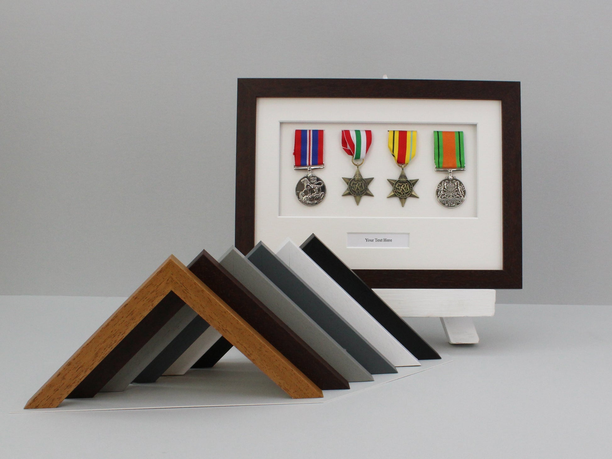 Personalised Military and Service Medal display Frame for Four Medals and text. A4 Frame. Service Medals | War Medals | WW1 | WW2 - PhotoFramesandMore - Wooden Picture Frames