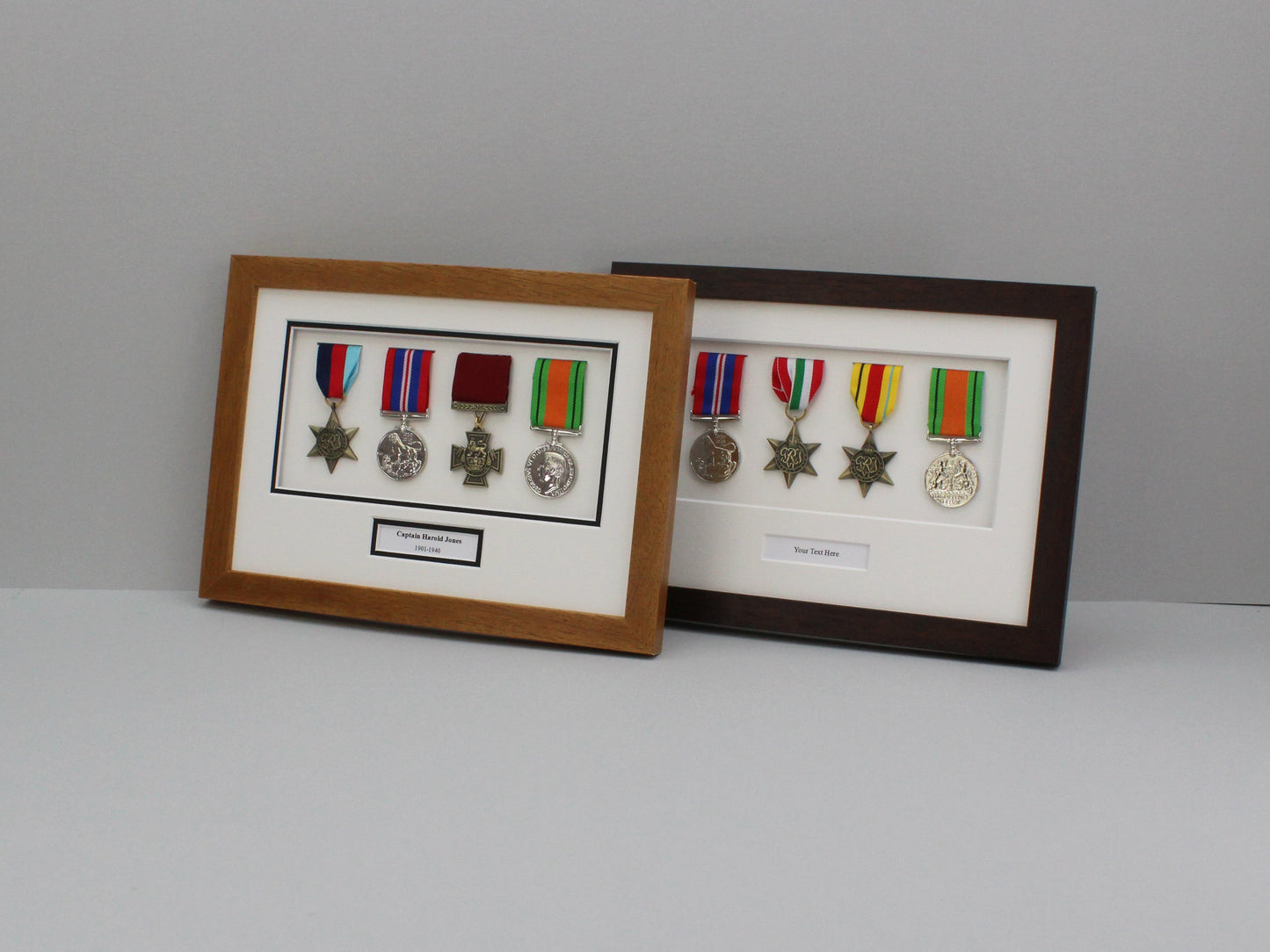 Personalised Military and Service Medal display Frame for Four Medals and text. A4 Frame. Service Medals | War Medals | WW1 | WW2 - PhotoFramesandMore - Wooden Picture Frames