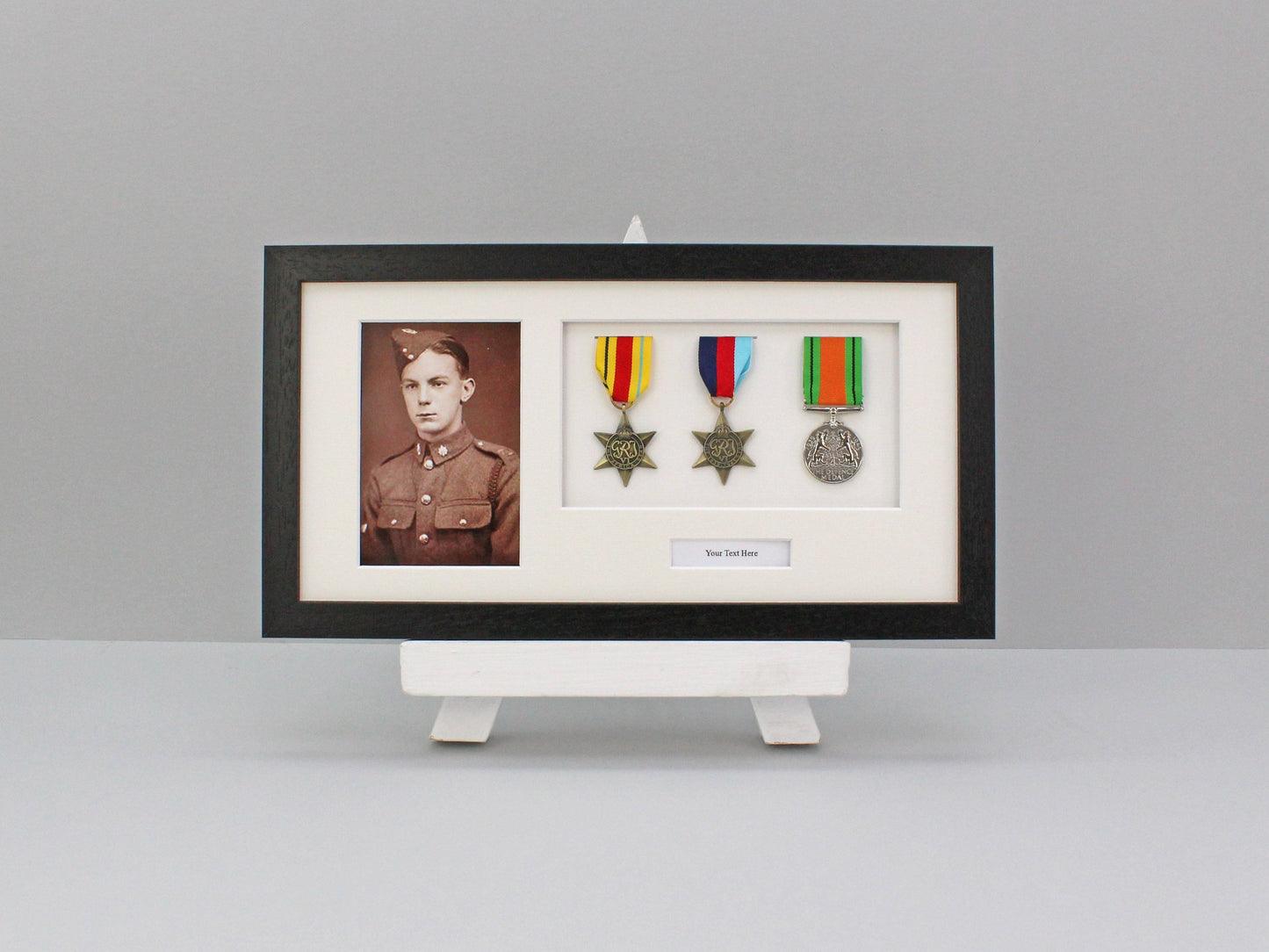 Personalised Military and Service Medal display Frame for Three Medals, a 6x4" Photo, and text.20x40cm. - PhotoFramesandMore - Wooden Picture Frames