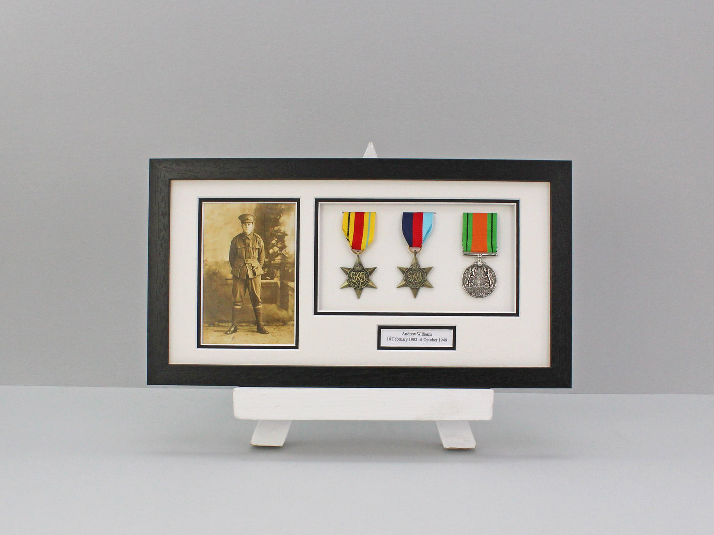 Personalised Military and Service Medal display Frame for Three Medals, a 6x4" Photo, and text.20x40cm. - PhotoFramesandMore - Wooden Picture Frames