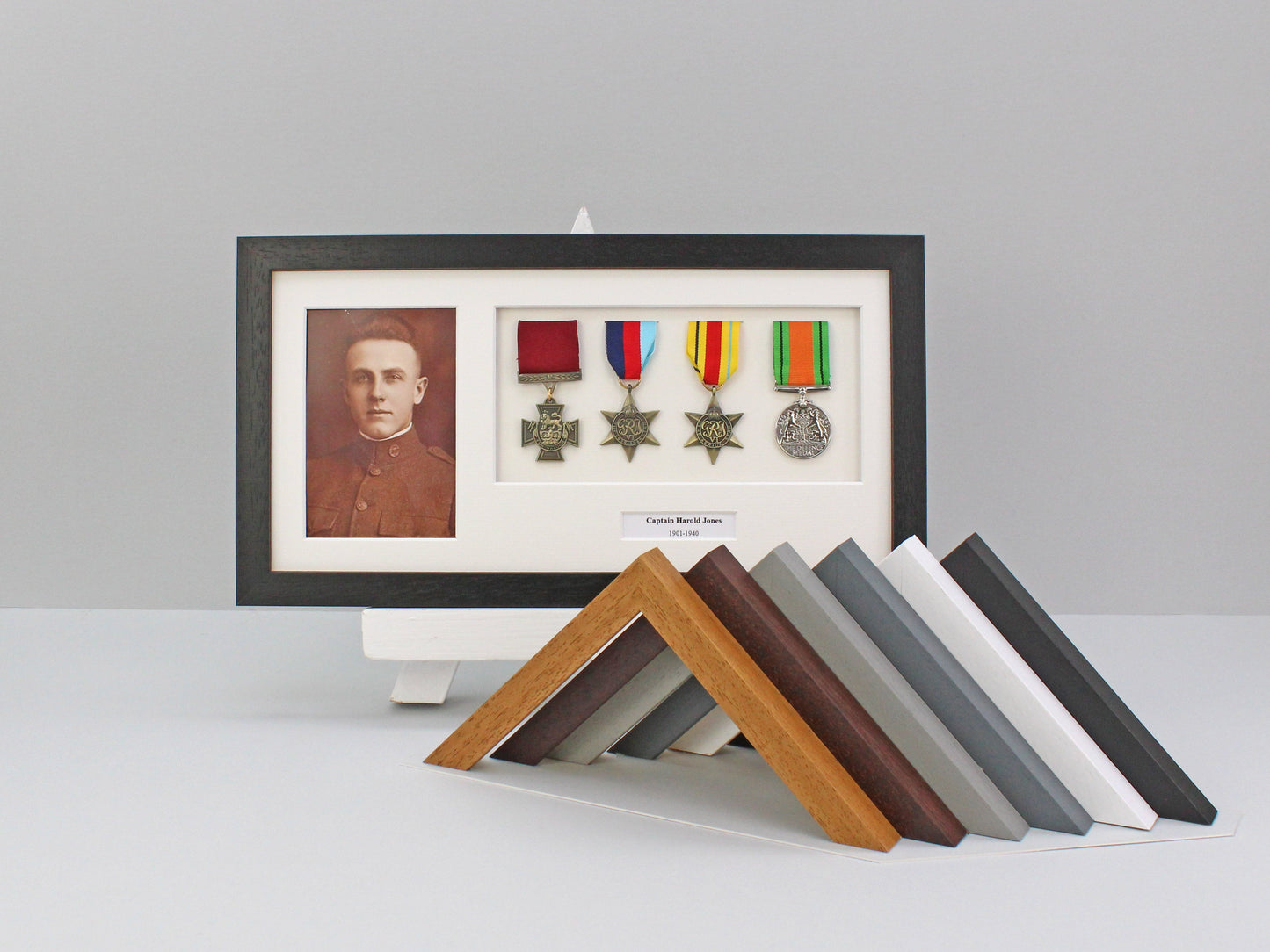 Personalised Military and Service Medal display Frame for Four Medals and one 6x4" Photograph. 20x40cm.War Medals. - PhotoFramesandMore - Wooden Picture Frames