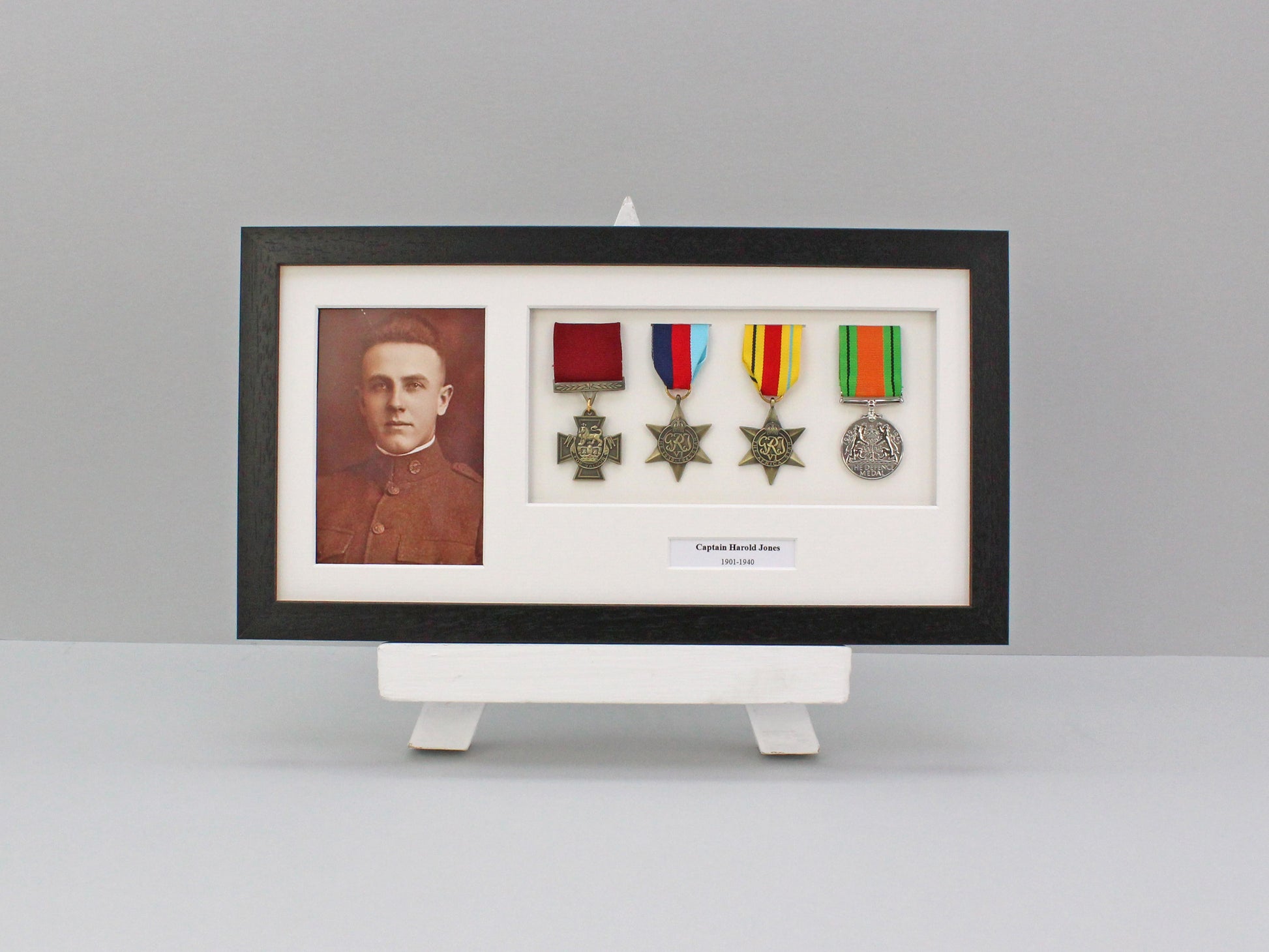 Personalised Military and Service Medal display Frame for Four Medals and one 6x4" Photograph. 20x40cm.War Medals. - PhotoFramesandMore - Wooden Picture Frames