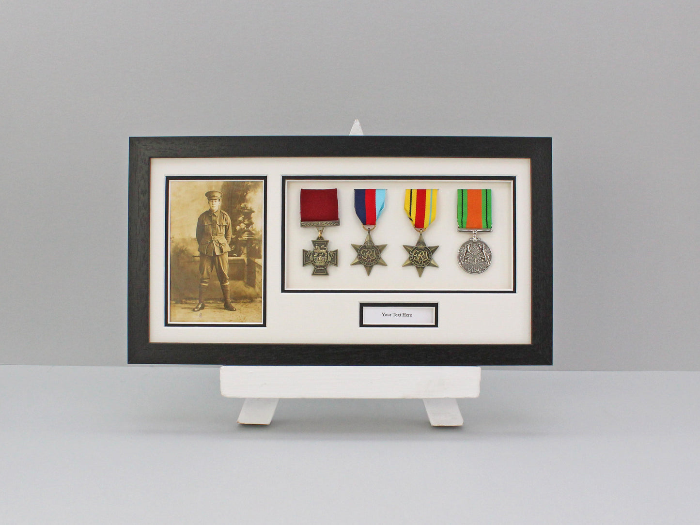 Personalised Military and Service Medal display Frame for Four Medals and a 6x4" Photograph. - PhotoFramesandMore - Wooden Picture Frames