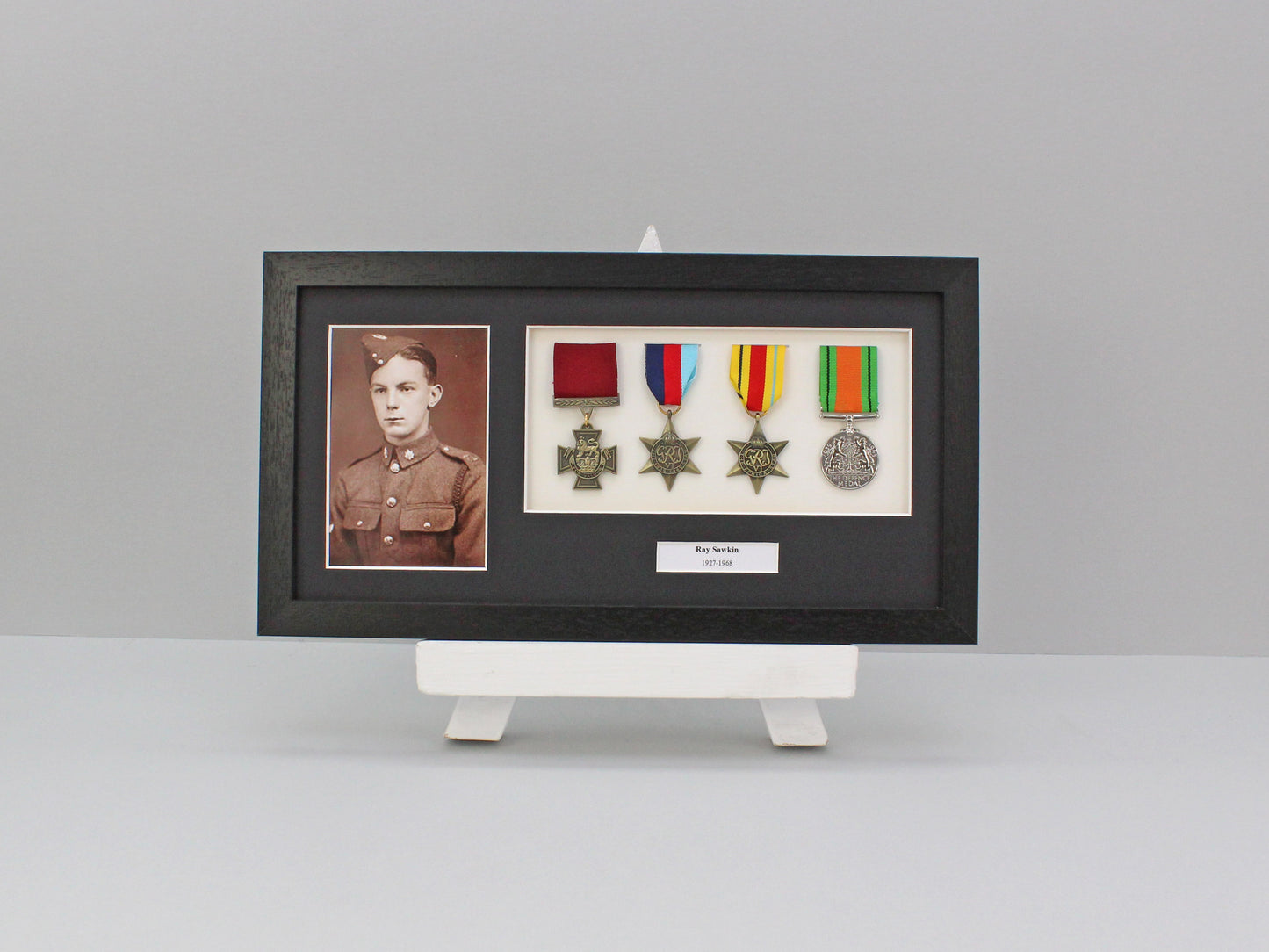 Personalised Military and Service Medal display Frame for Four Medals and a 6x4" Photograph. - PhotoFramesandMore - Wooden Picture Frames