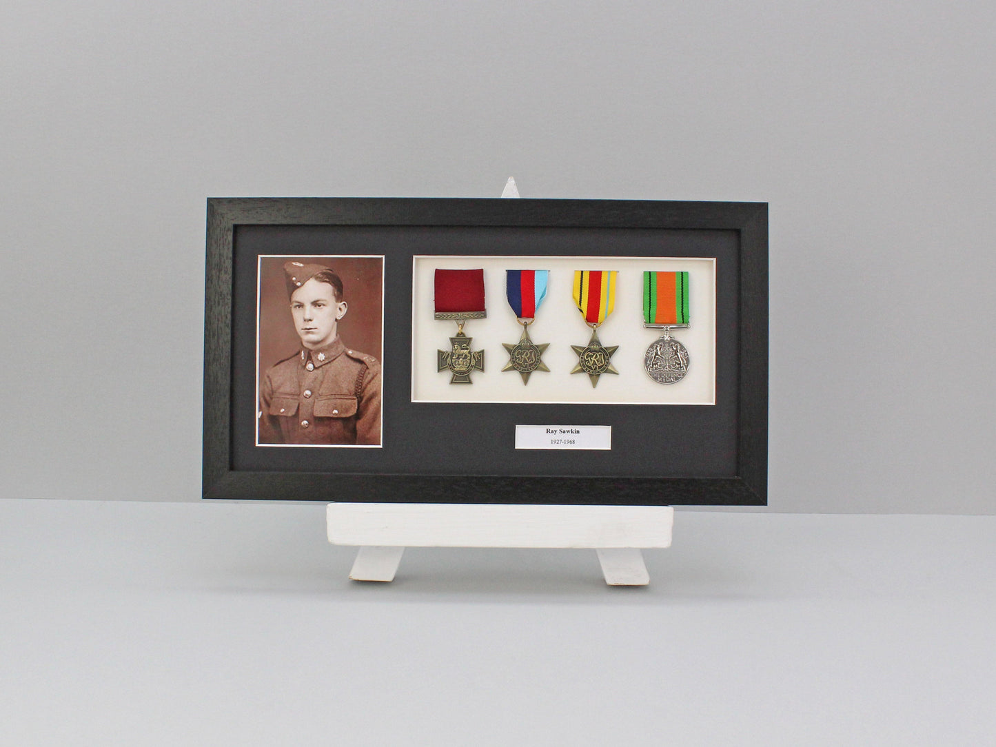 Personalised Military and Service Medal display Frame for Four Medals and one 6x4" Photograph. 20x40cm.War Medals. - PhotoFramesandMore - Wooden Picture Frames