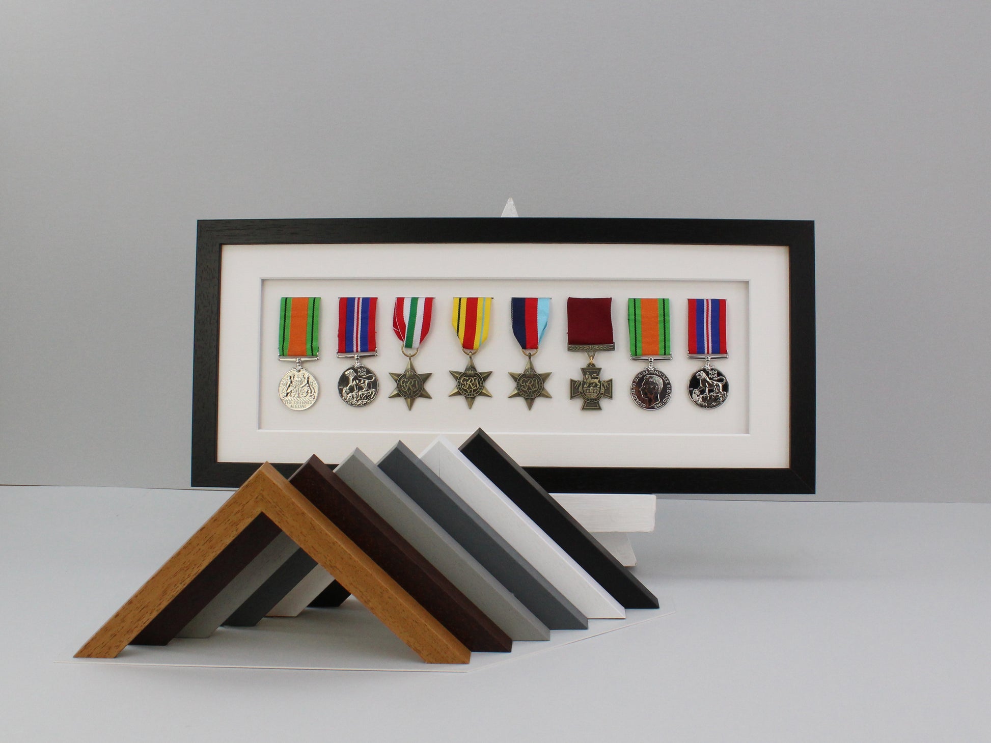 Military Medal display Frame for Eight Medals. 20x50cm. Wooden box Frame | Service Medals | War Medals | WW1 | WW2 | Commemorative Medals - PhotoFramesandMore - Wooden Picture Frames