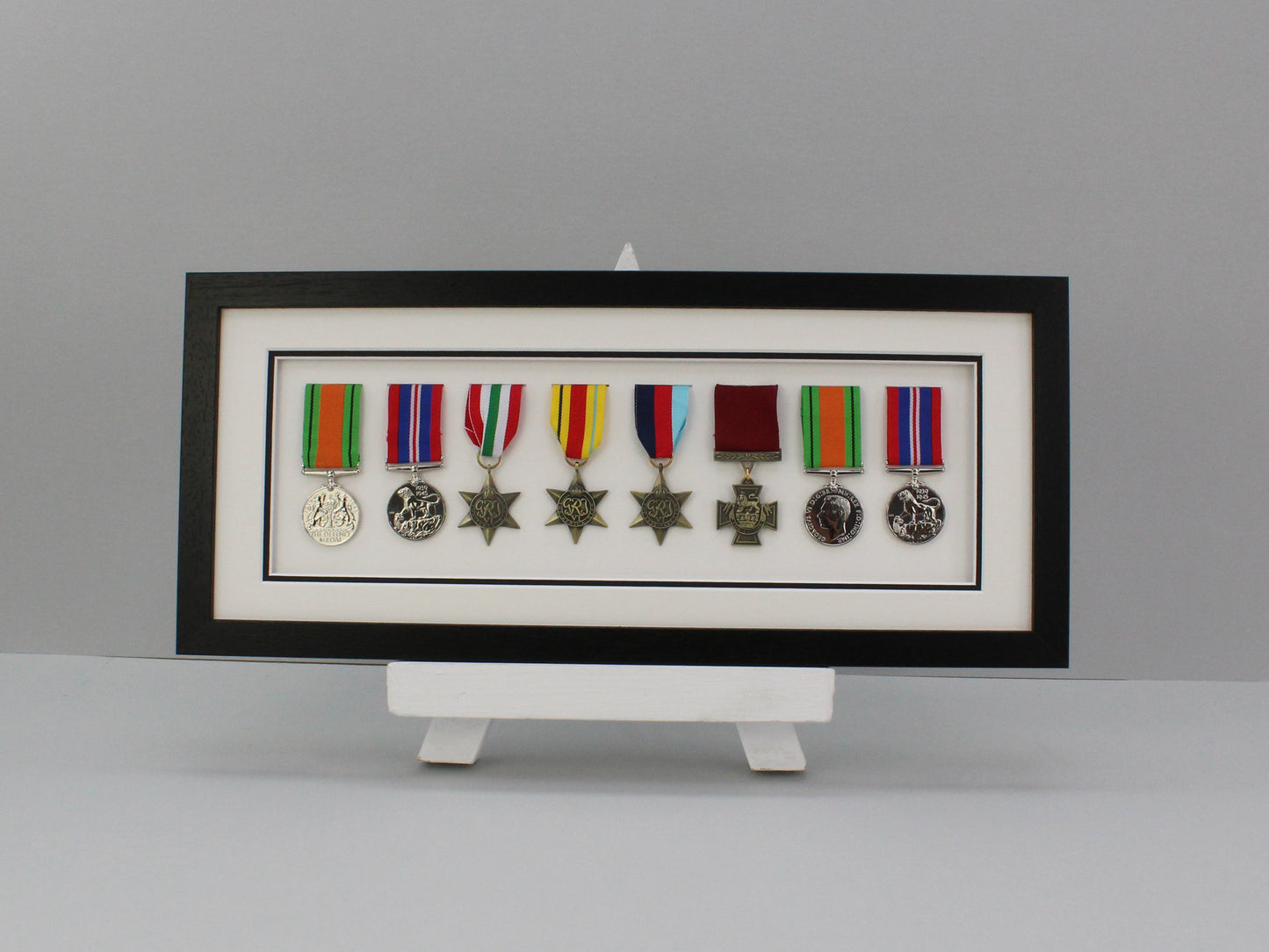 Military Medal display Frame for Eight Medals. 20x50cm. Wooden box Frame | Service Medals | War Medals | WW1 | WW2 | Commemorative Medals - PhotoFramesandMore - Wooden Picture Frames