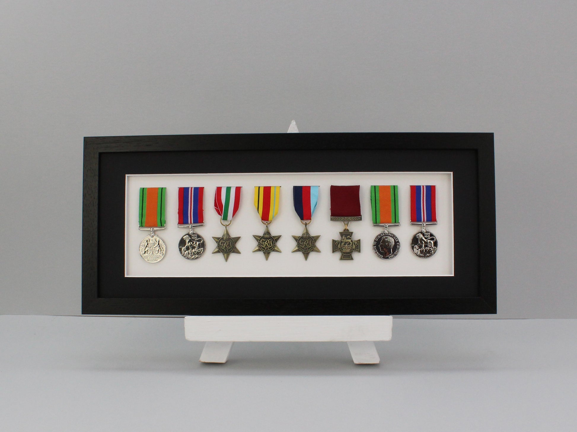 Military Medal display Frame for Eight Medals. 20x50cm. Wooden box Frame | Service Medals | War Medals | WW1 | WW2 | Commemorative Medals - PhotoFramesandMore - Wooden Picture Frames