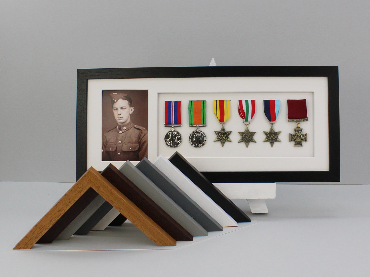 Military and Service Medal display Frame for Six Medals and a 6x4" Photograph. 20x50cm. Service Medals | War Medals | WW1 | WW2 - PhotoFramesandMore - Wooden Picture Frames