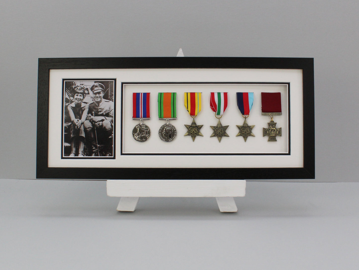 Military and Service Medal display Frame for Six Medals and a 6x4" Photograph. 20x50cm. Service Medals | War Medals | WW1 | WW2 - PhotoFramesandMore - Wooden Picture Frames