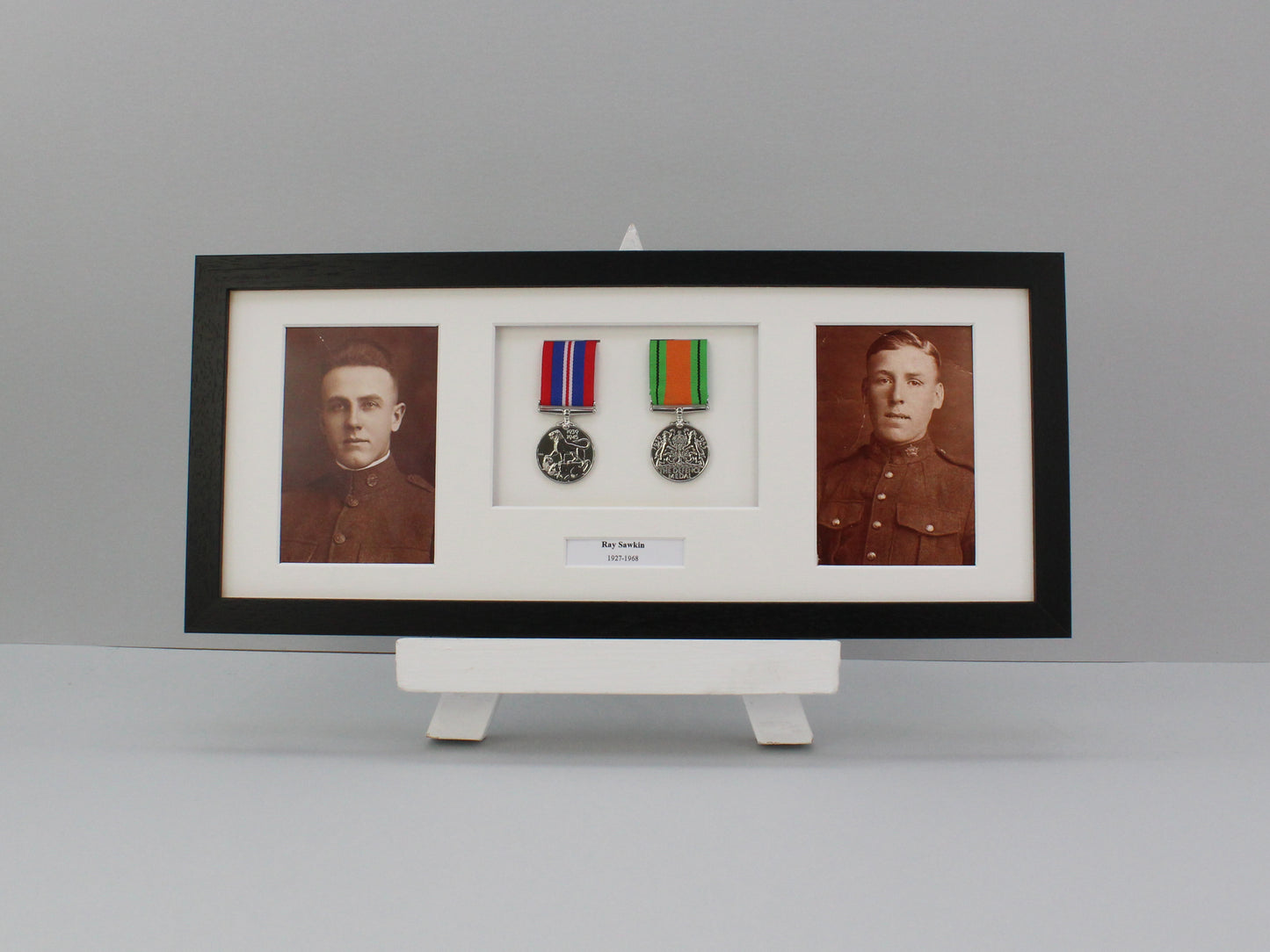 Personalised Military and Service Medal display Frame for Two Medals and two 6x4" Photographs. 20x50cm. Handmade. War Medals.