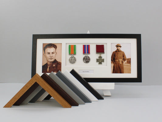 Personalised Military Medal display Frame for Three Medals and two 6x4" Photographs. 20x50cm. Service Medals | War Medals | WW1 | WW2 | Wall Hanging - PhotoFramesandMore - Wooden Picture Frames