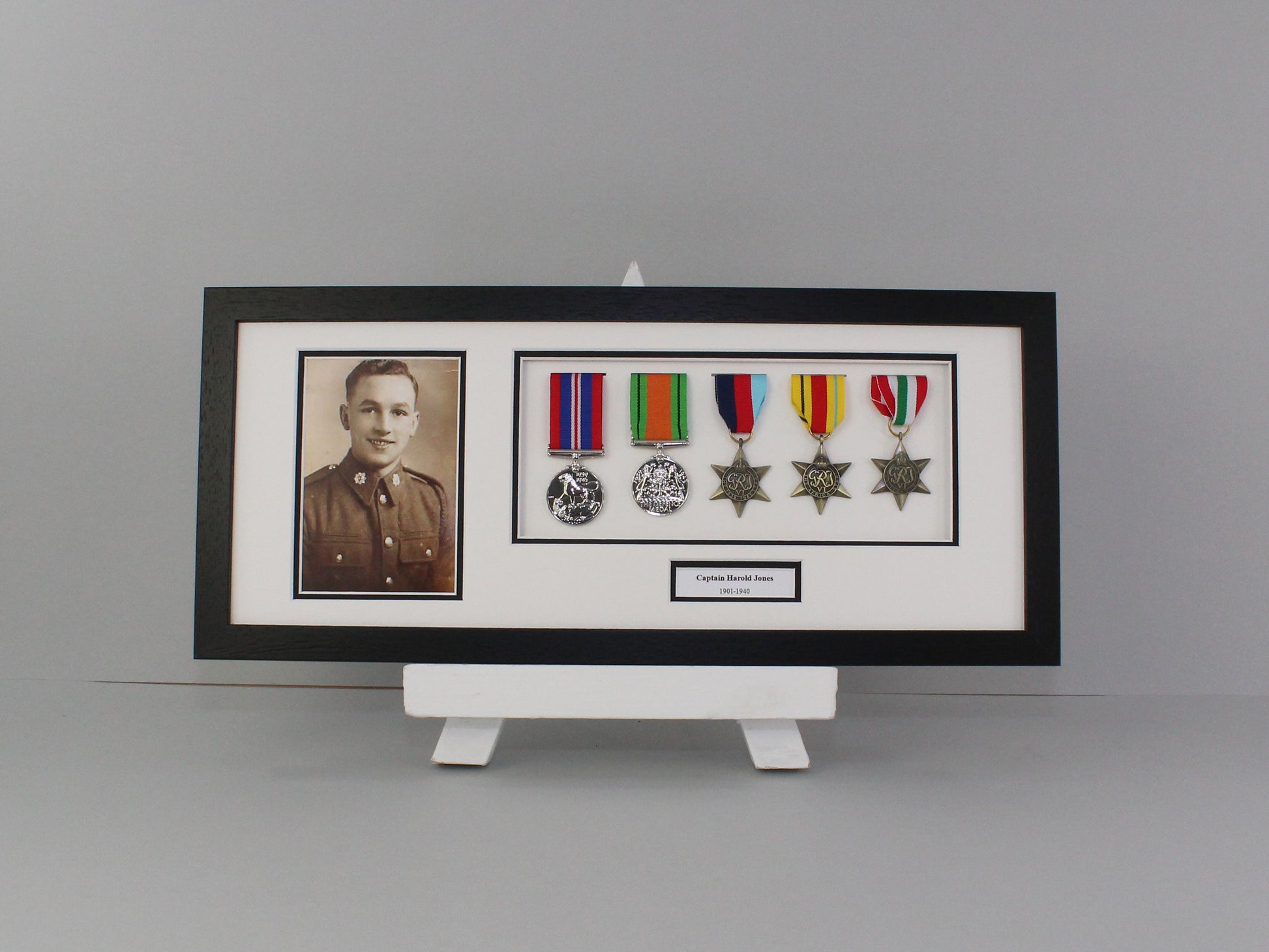 Personalised Military and Service Medal display Frame for Five Medals and one 6x4" Photograph. 20x50cm.War Medals. - PhotoFramesandMore - Wooden Picture Frames